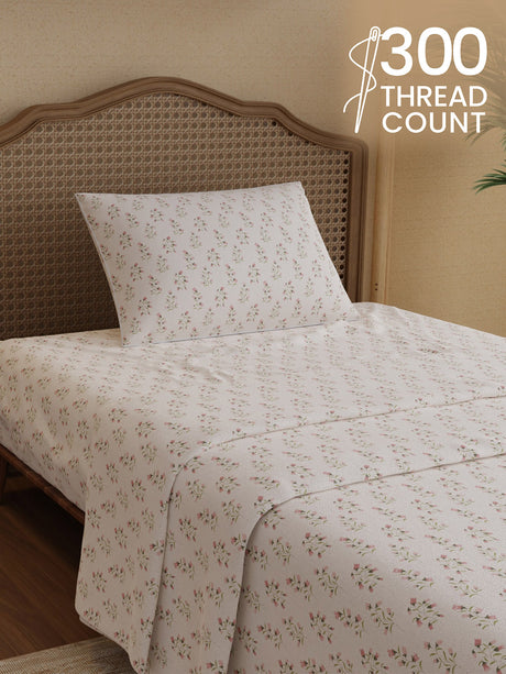 100% Cotton 300 TC, Printed Single Bedsheet Set, Cottage Garden