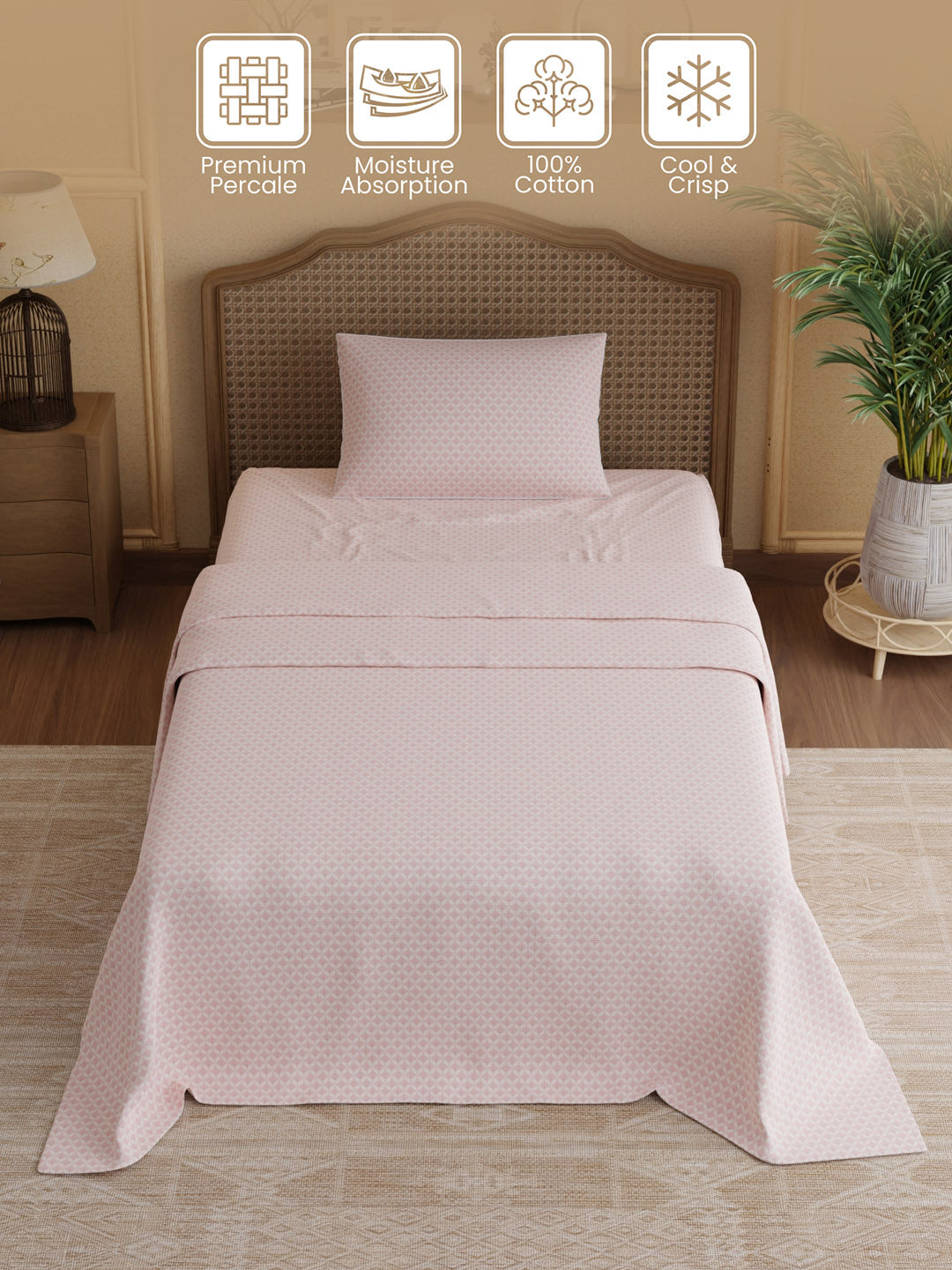 100% Cotton 300 TC, Printed Single Bedsheet Set, Cottage Garden
