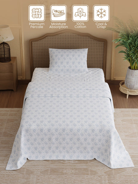 100% Cotton 300 TC, Printed Single Bedsheet Set, Cottage Garden