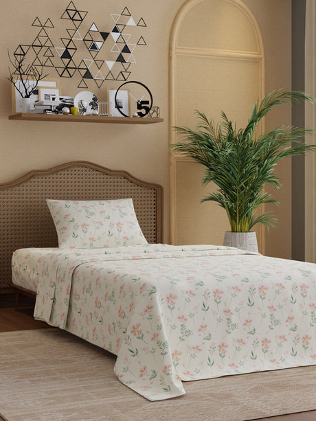 100% Cotton 300 TC, Printed Single Bedsheet Set, Cottage Garden