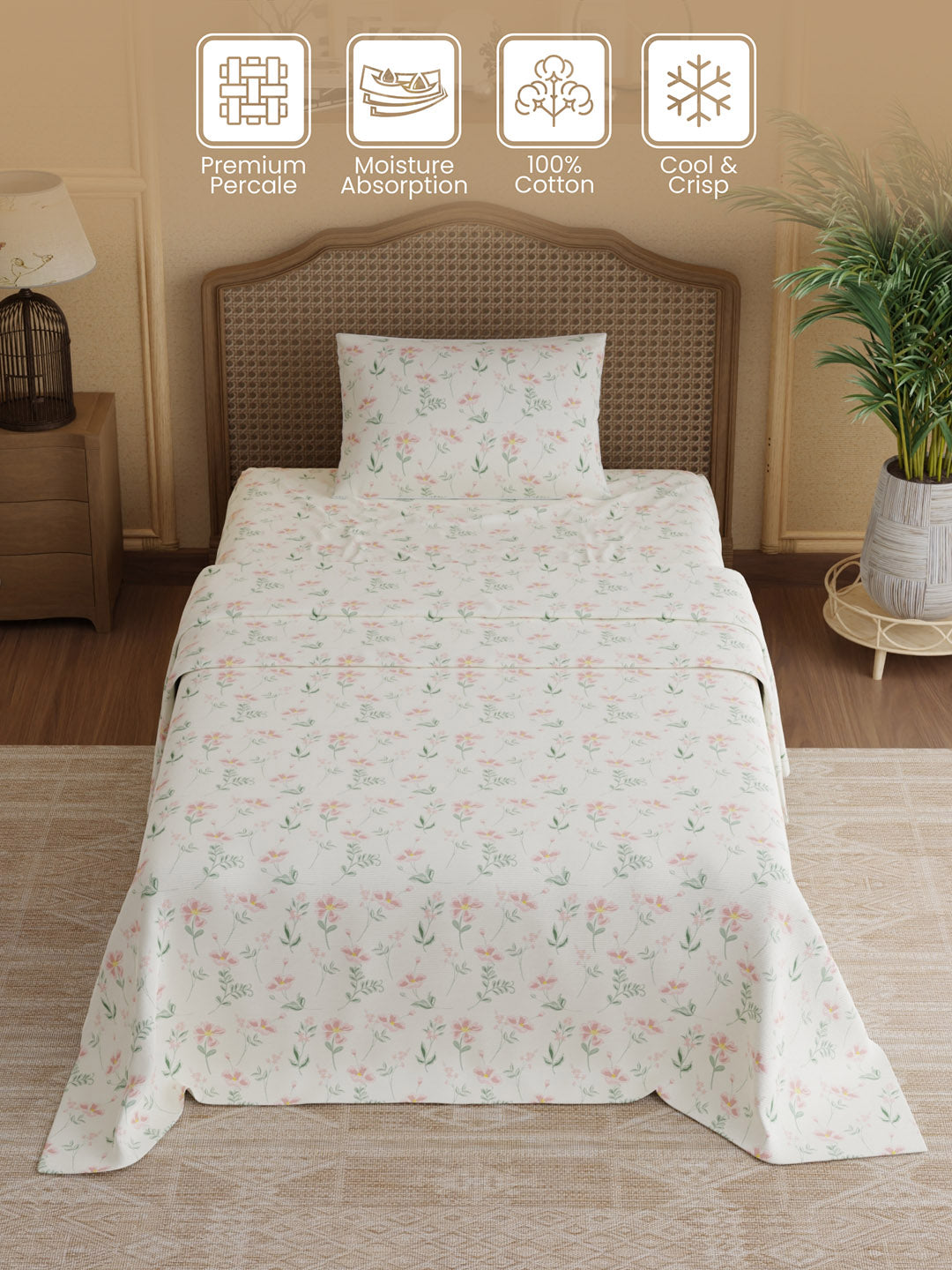 100% Cotton 300 TC, Printed Single Bedsheet Set, Cottage Garden