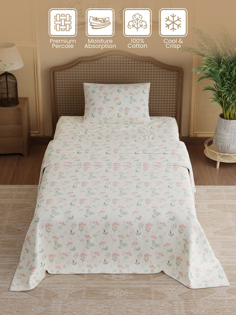 100% Cotton 300 TC, Printed Single Bedsheet Set, Cottage Garden