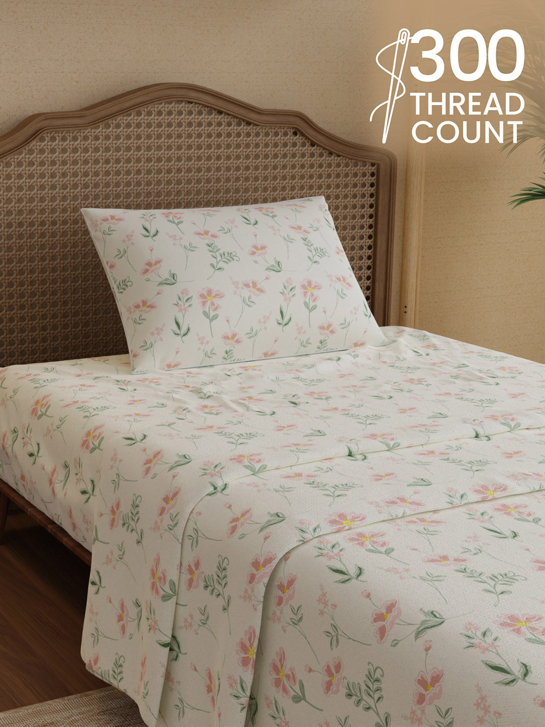 100% Cotton 300 TC, Printed Single Bedsheet Set, Cottage Garden