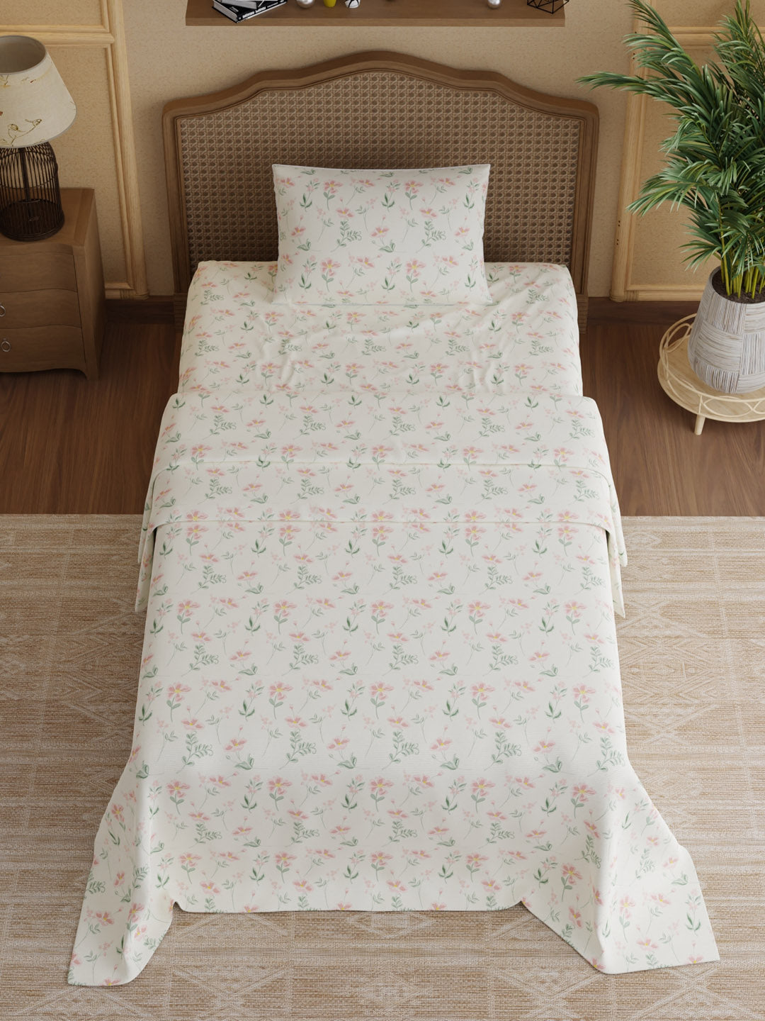 100% Cotton 300 TC, Printed Single Bedsheet Set, Cottage Garden