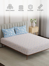 100% Cotton King Bedsheet Set, 152 TC Pink & Blue Floral, Embrace