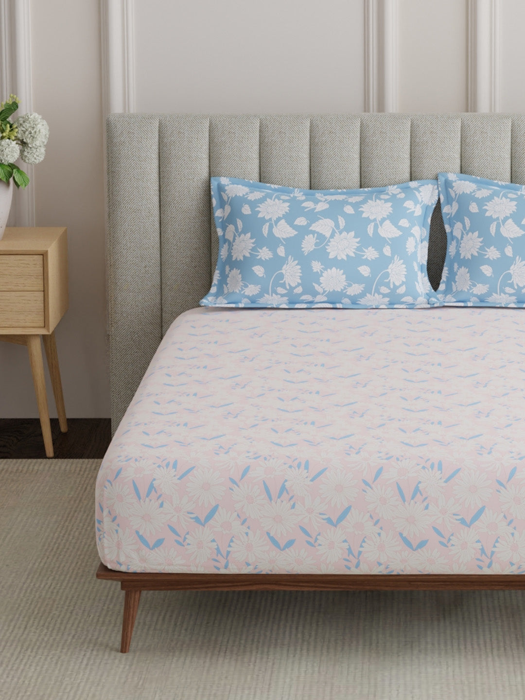 100% Cotton King Bedsheet Set, 152 TC Pink & Blue Floral, Embrace