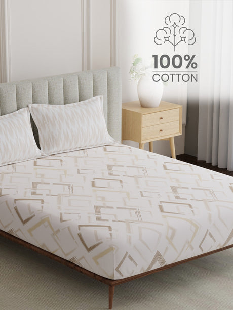 100% Cotton King Bedsheet Set, 152 TC White & Brown Geometrical, Embrace