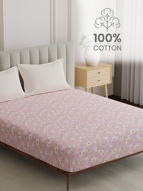 100% Cotton King Bedsheet Set, 152 TC Pink Floral, Embrace