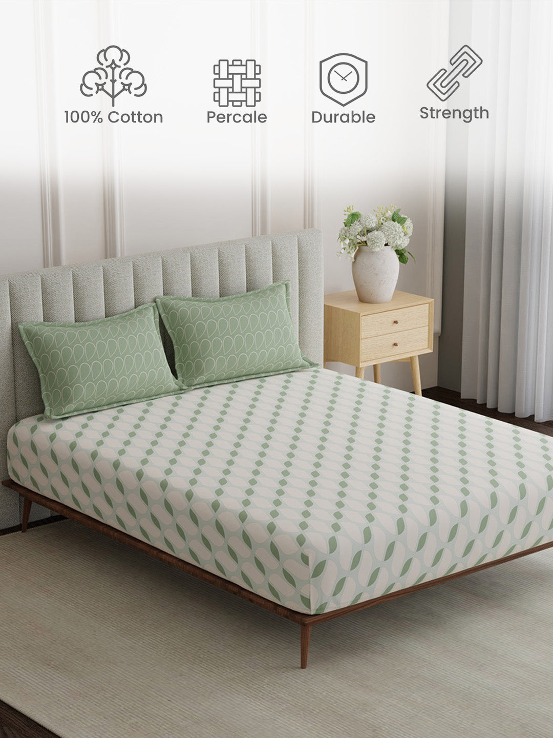 King Fitted Sheet Set, 100% Cotton 152 TC, Green Printed, Embrace