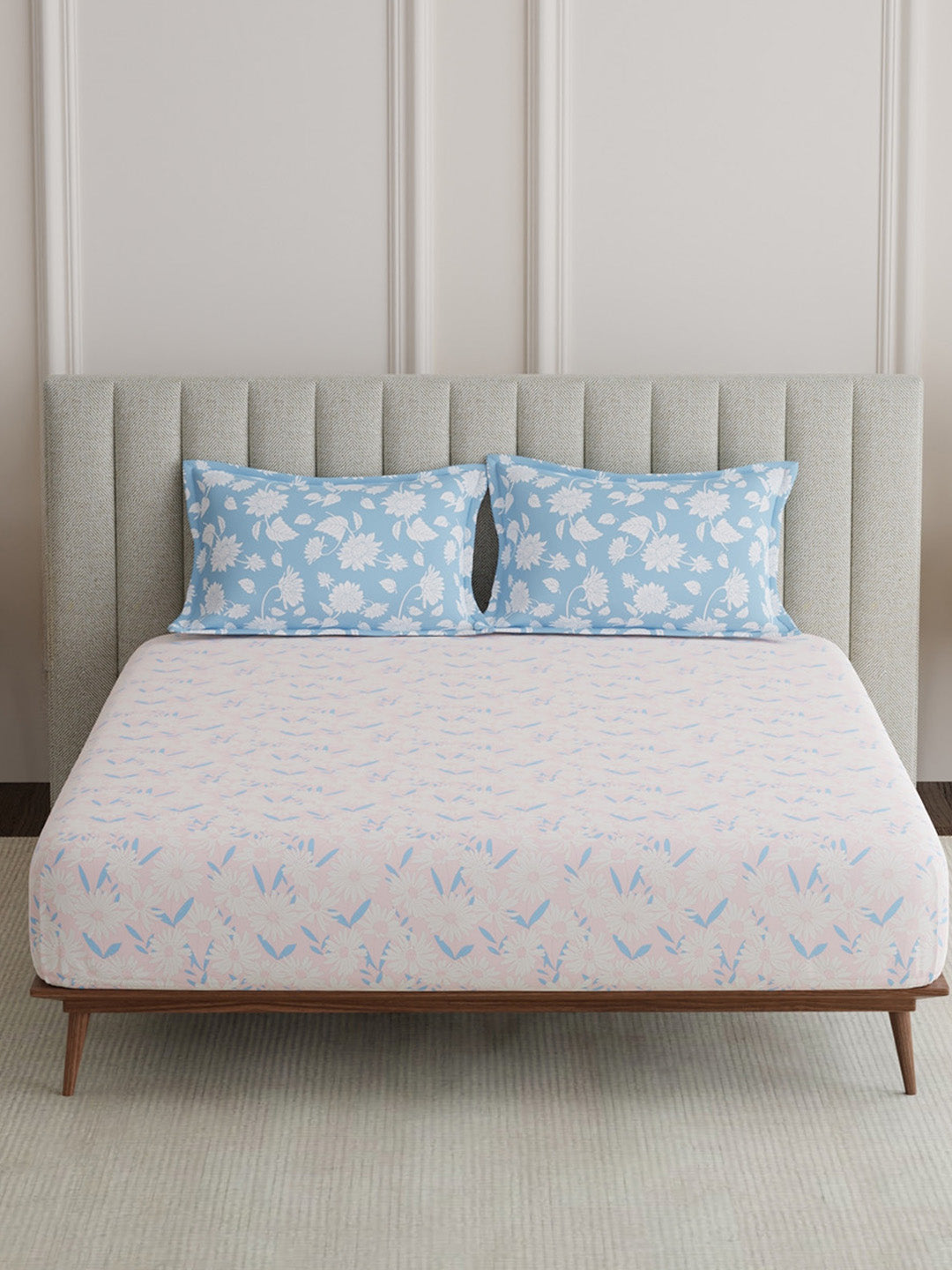 King Fitted Sheet Set, 100% Cotton 152 TC, Pink & Blue Floral, Embrace