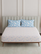 King Fitted Sheet Set, 100% Cotton 152 TC, Pink & Blue Floral, Embrace