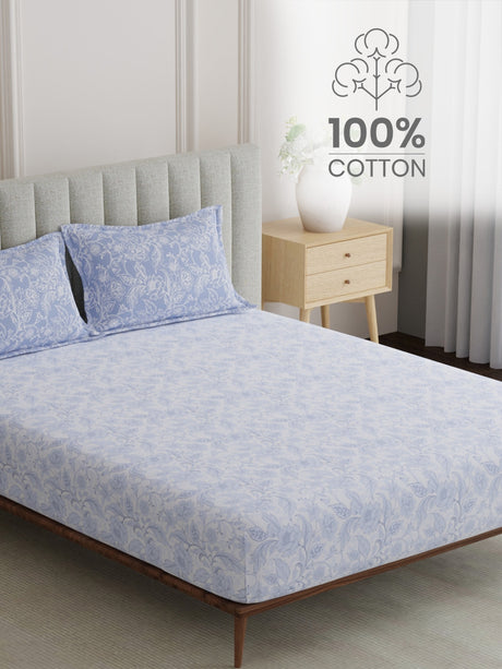 King Fitted Sheet Set, 100% Cotton 152 TC, Blue & White Floral, Embrace