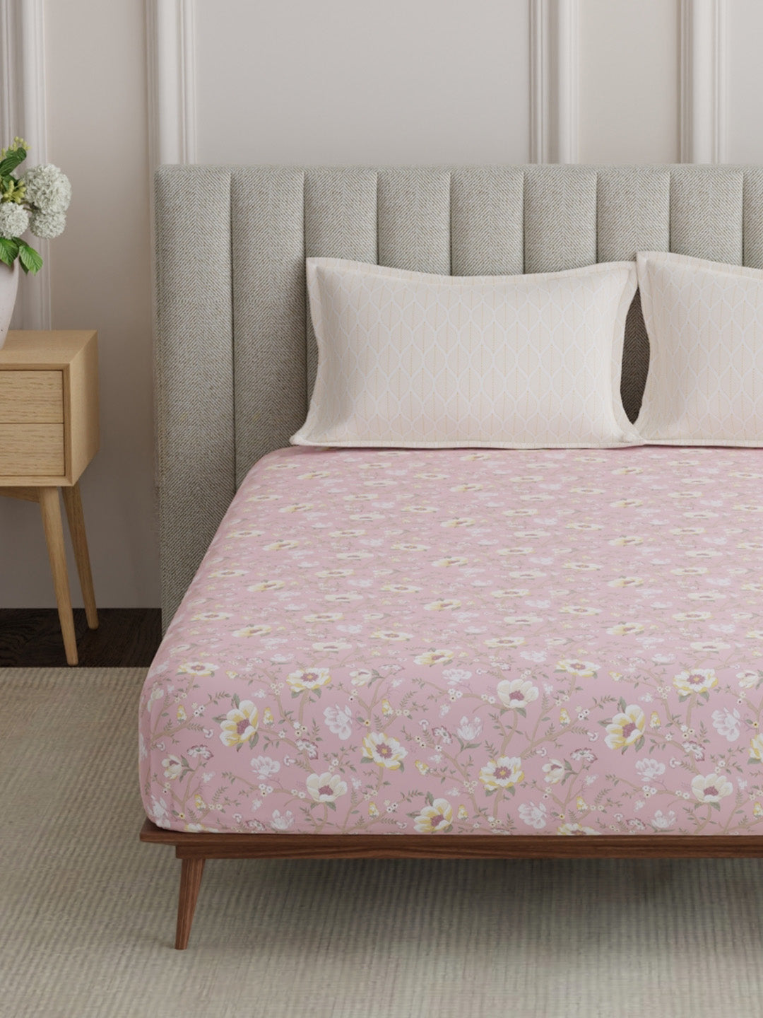 King Fitted Sheet Set, 100% Cotton 152 TC, Pink Floral, Embrace