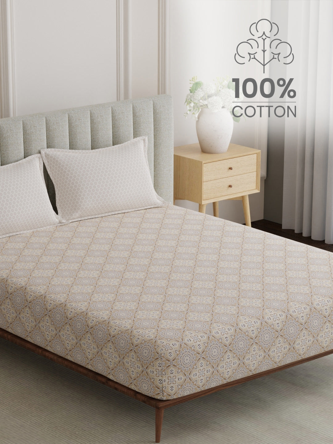 100% Cotton King Bedsheet Set, 152 TC Brown Ethnic Print, Embrace