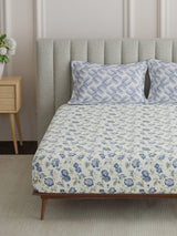 100% Cotton King Bedsheet Set, 152 TC Blue & White Floral, Embrace