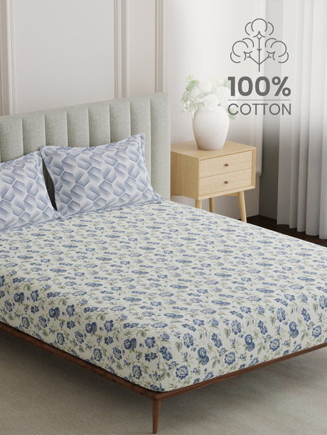 100% Cotton King Bedsheet Set, 152 TC Blue & White Floral, Embrace