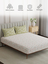 100% Cotton King Bedsheet Set, 152 TC Green & Pink Floral, Embrace