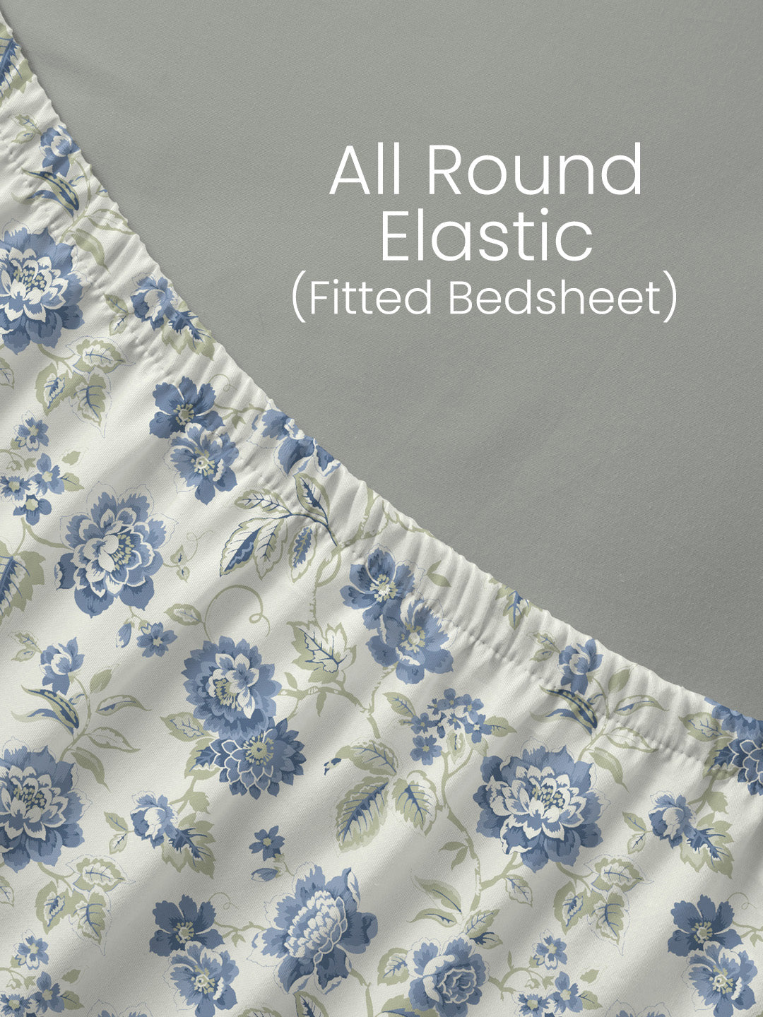 King Fitted Sheet Set, 100% Cotton 152 TC, Blue & White Floral, Embrace