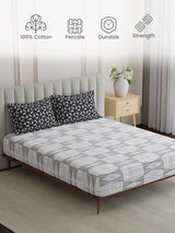 King Fitted Sheet Set, 100% Cotton 152 TC, Grey Geometrical, Embrace