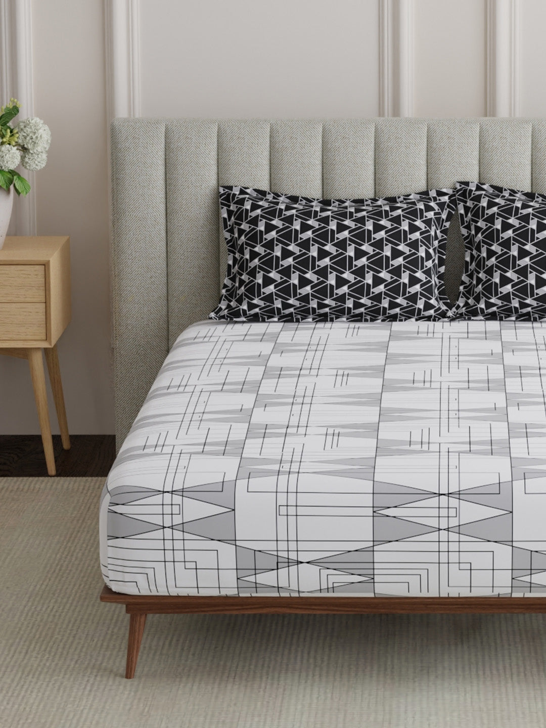 King Fitted Sheet Set, 100% Cotton 152 TC, Grey Geometrical, Embrace