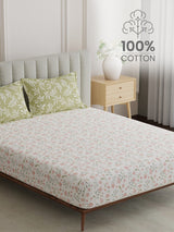 King Fitted Sheet Set, 100% Cotton 152 TC, Green & Pink Floral, Embrace