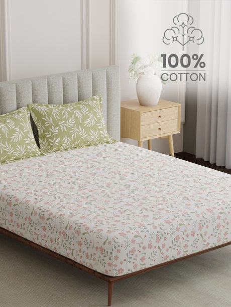 King Fitted Sheet Set, 100% Cotton 152 TC, Green & Pink Floral, Embrace