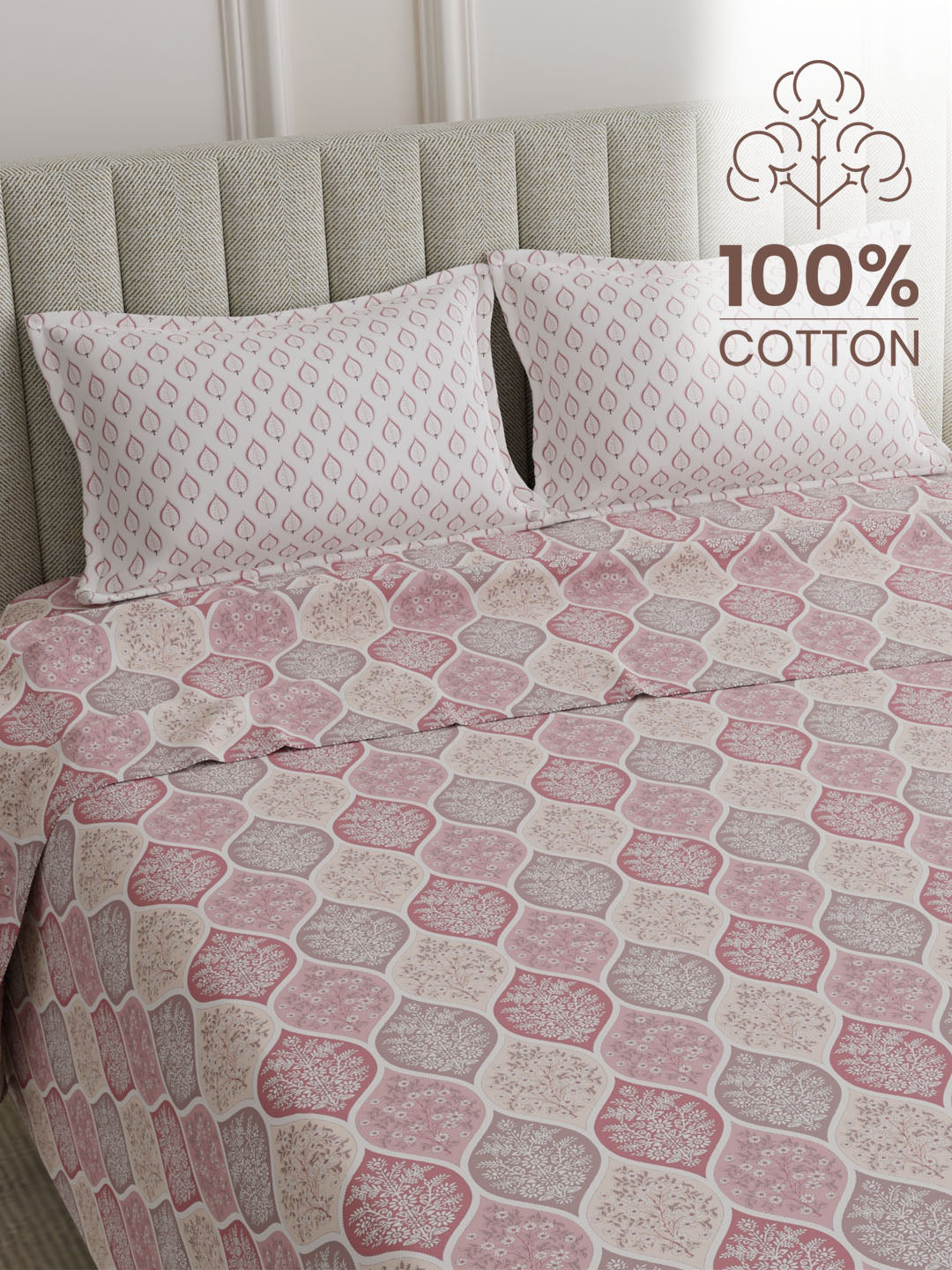 100% Cotton 152 TC, Printed King Bedsheet Set, Embrace