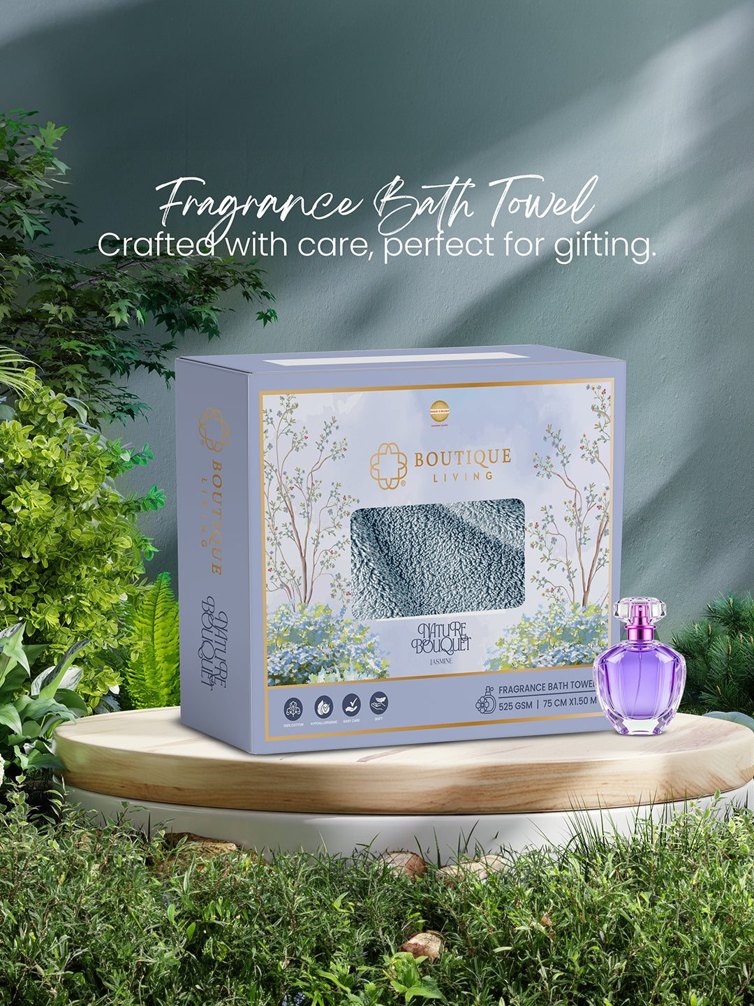 100% Cotton, Blue Bath Towel, Jasmine Aroma, 525 GSM (Nature Bouquet Collection) - Pack of 1