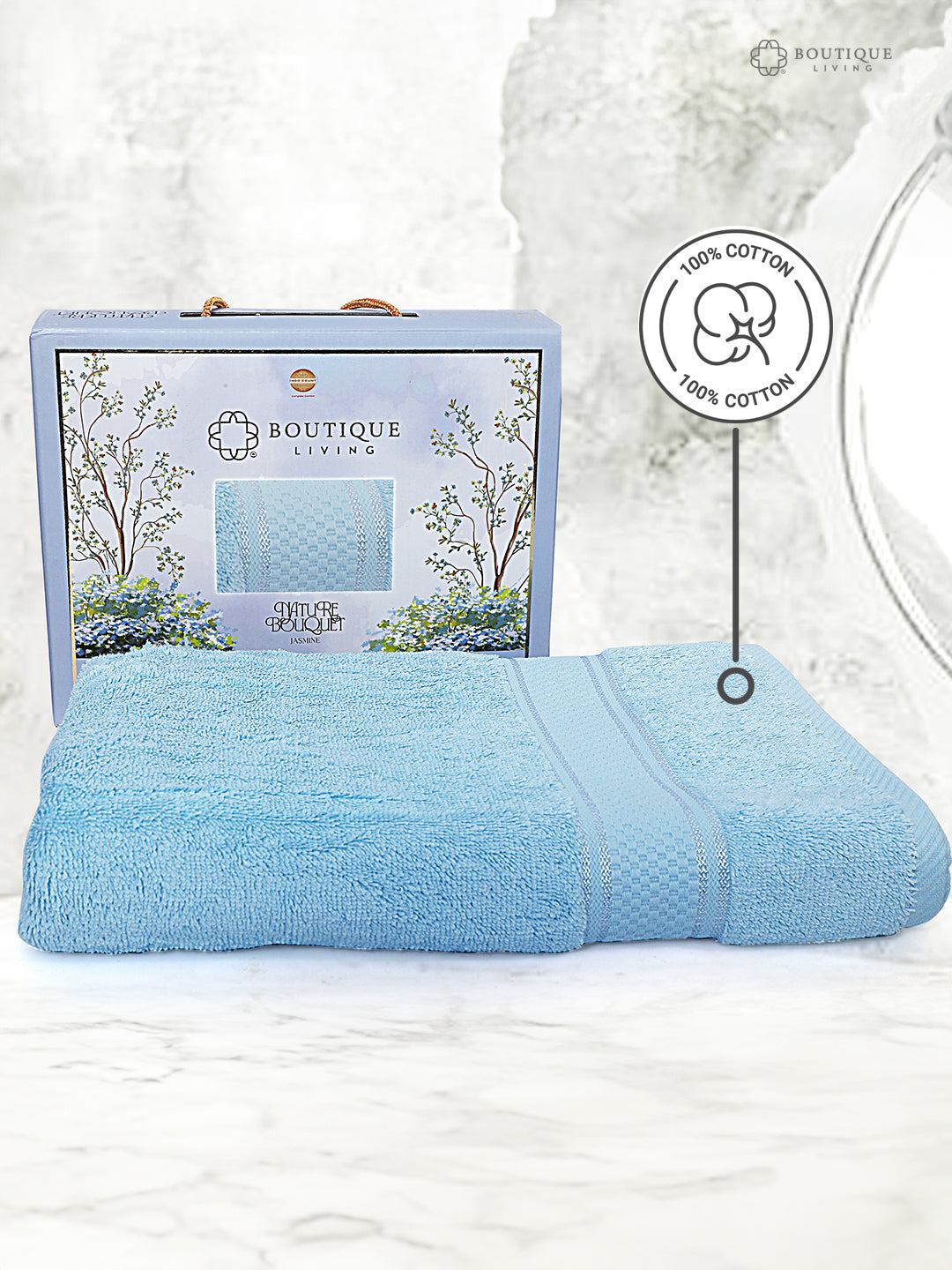 100% Cotton, Blue Bath Towel, Jasmine Aroma, 525 GSM (Nature Bouquet Collection) - Pack of 1