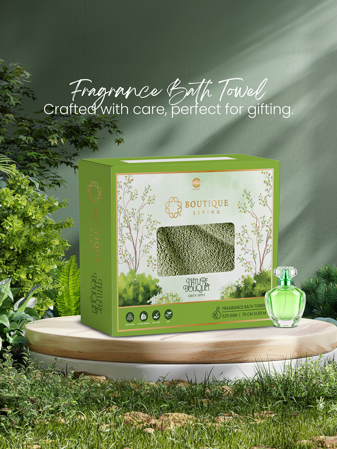 100% Cotton, Green Bath Towel, Green Apple Aroma, 525 GSM (Nature Bouquet Collection) - Pack of 1