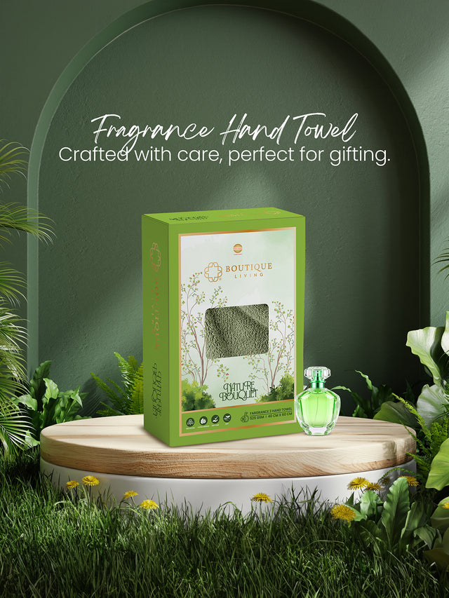 Boutique Living hand towel category showcasing luxury 100% cotton fragrance hand towels in gift-ready Nature Bouquet packaging.