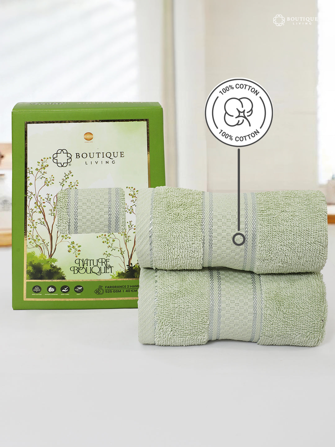 100% Cotton, Green Hand Towels, Green Apple Aroma, 525 GSM (Nature Bouquet Collection) - Pack of 2