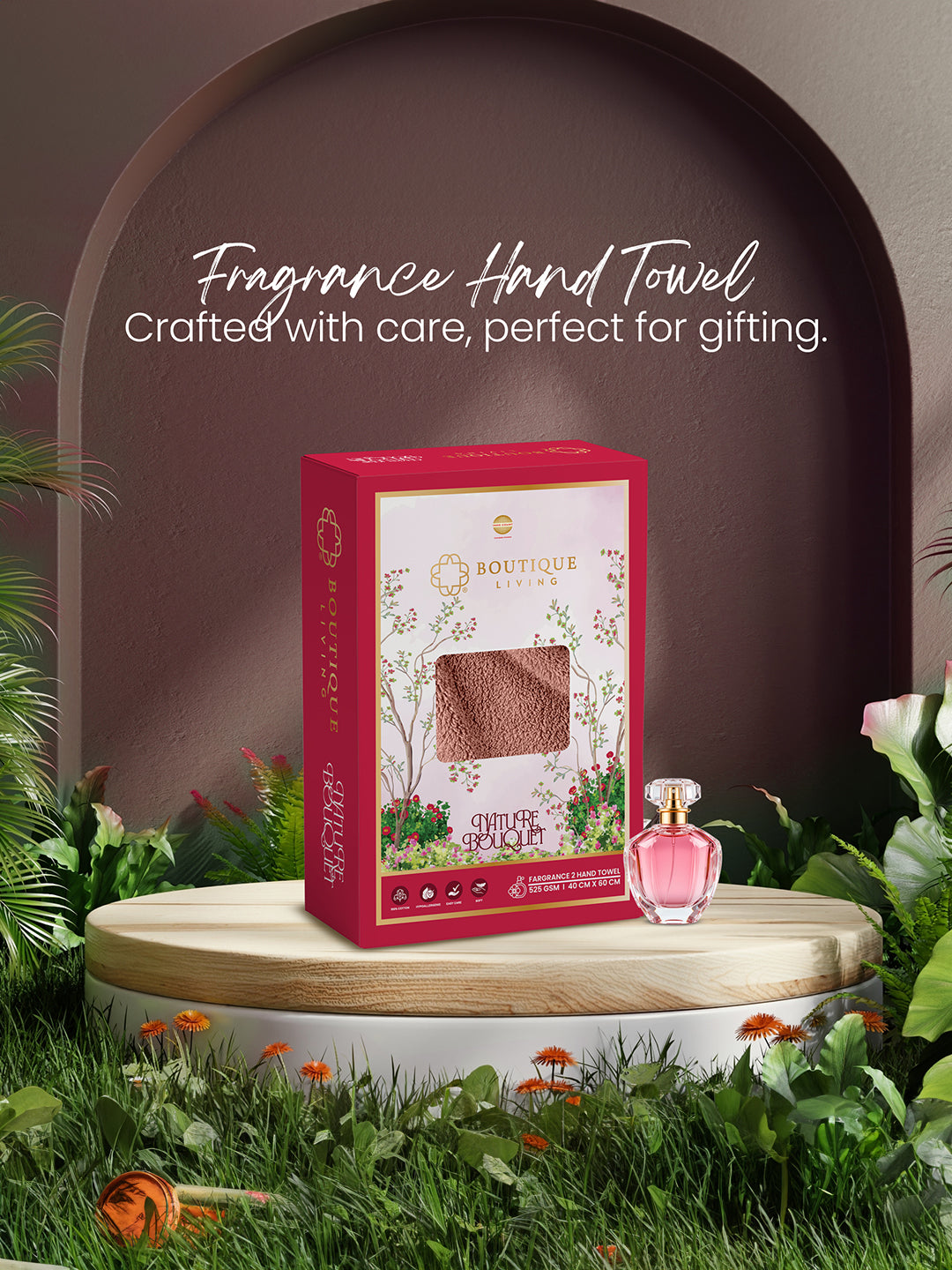 100% Cotton, Pink Hand Towels, Rose Aroma, 525 GSM (Nature Bouquet Collection) - Pack of 2