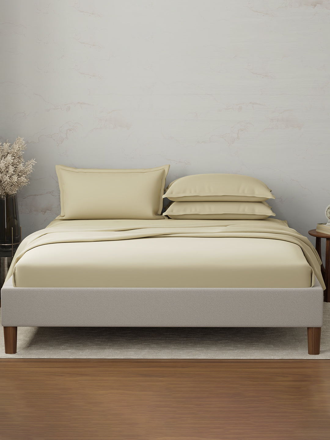 Emblem 100% Cotton 300 TC Beige Solid King Dyed Bedsheet with 4 Pillow Covers