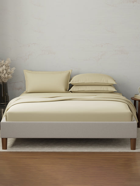 Emblem 100% Cotton 300 TC Beige Solid King Dyed Bedsheet with 4 Pillow Covers