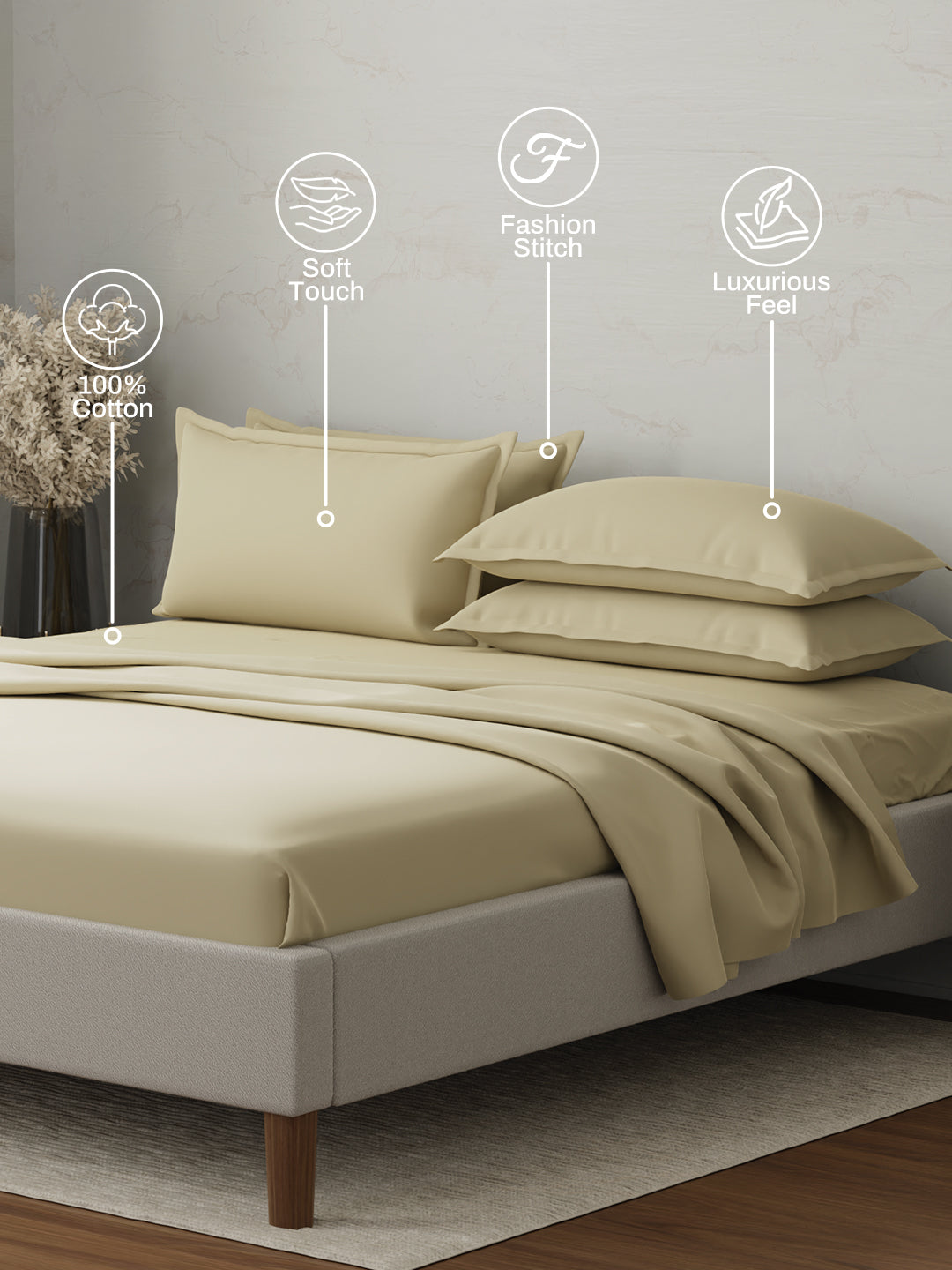 Emblem 100% Cotton 300 TC Beige Solid King Dyed Bedsheet with 4 Pillow Covers