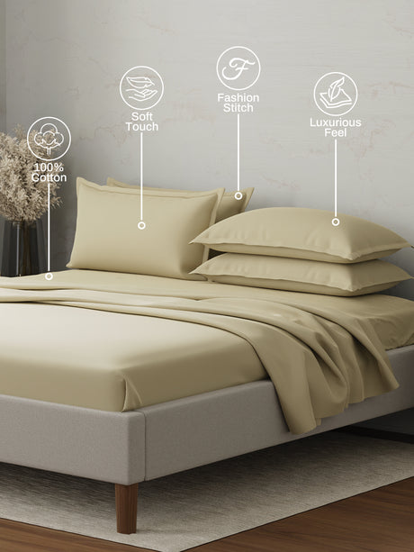 Emblem 100% Cotton 300 TC Beige Solid King Dyed Bedsheet with 4 Pillow Covers