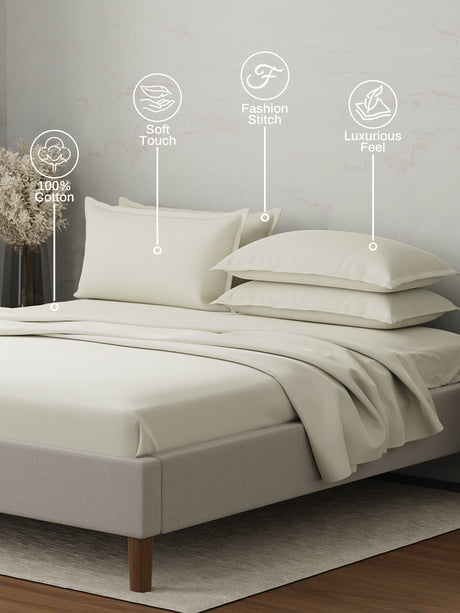 Emblem 100% Cotton 300 TC White Solid King Dyed Bedsheet with 4 Pillow Covers