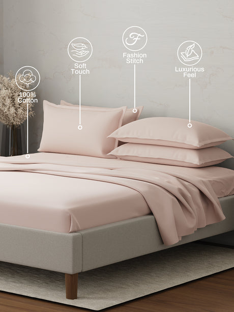 Emblem 100% Cotton 300 TC Pink Solid King Dyed Bedsheet with 4 Pillow Covers