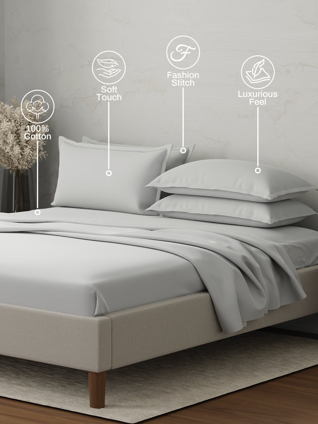 Emblem 100% Cotton 300 TC White Solid King Dyed Bedsheet with 4 Pillow Covers