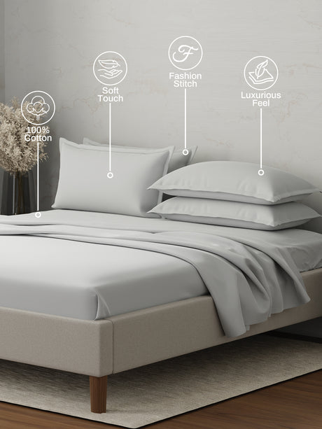 Emblem 100% Cotton 300 TC White Solid King Dyed Bedsheet with 4 Pillow Covers