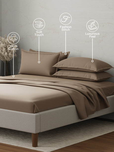 Emblem 100% Cotton 300 TC Brown Solid King Dyed Bedsheet with 4 Pillow Covers