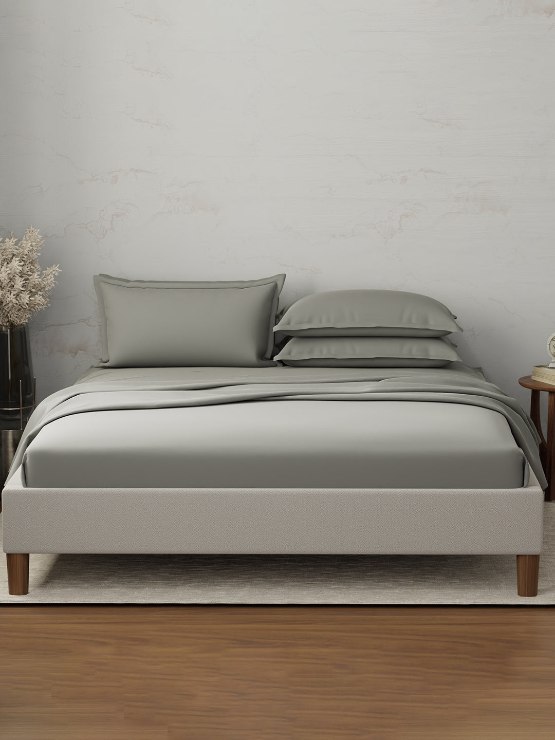 Emblem 100% Cotton 300 TC Grey Solid King Dyed Bedsheet with 4 Pillow Covers