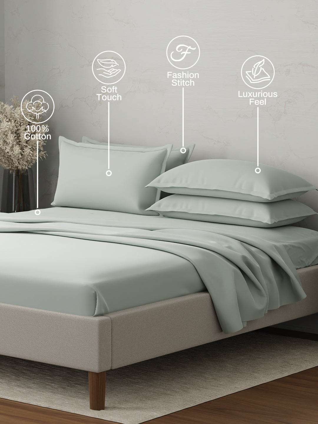 Emblem 100% Cotton 300 TC Grey Solid King Dyed Bedsheet with 4 Pillow Covers