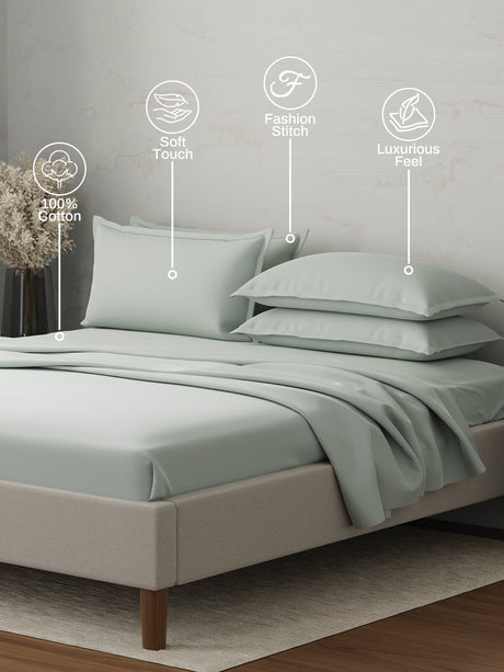 Emblem 100% Cotton 300 TC Grey Solid King Dyed Bedsheet with 4 Pillow Covers