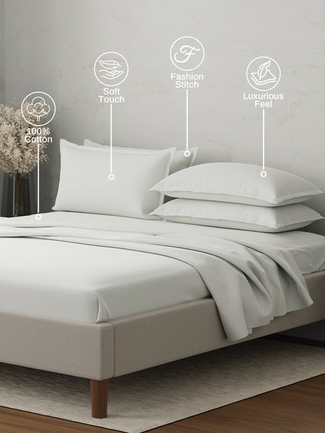 Emblem 100% Cotton 300 TC White Solid King Dyed Bedsheet with 4 Pillow Covers