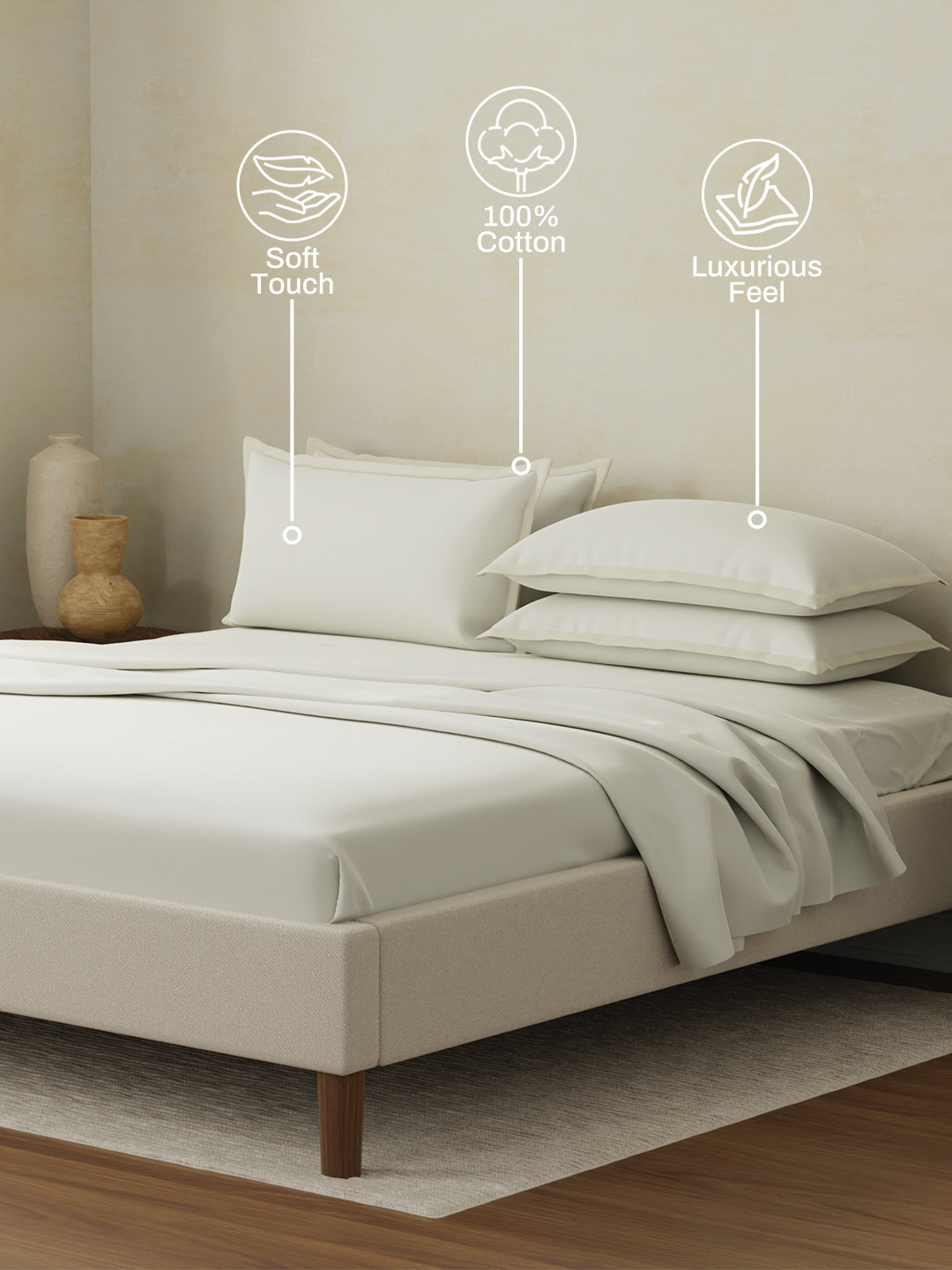 Cotton Charm 400 TC 100% Cotton White King Size Dyed Bedsheet with 4 Pillow Covers