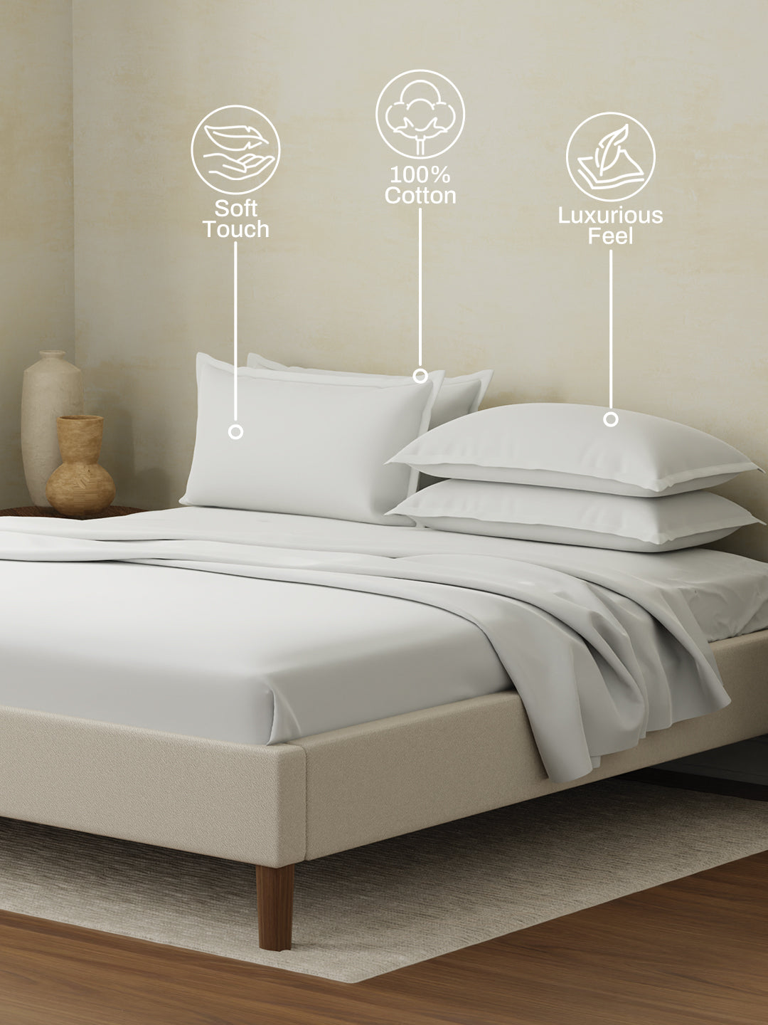 Cotton Charm 400 TC 100% Cotton White King Size Dyed Bedsheet with 4 Pillow Covers