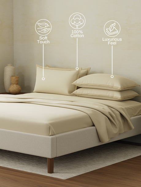 Cotton Charm 400 TC 100% Cotton Cream King Size Dyed Bedsheet with 4 Pillow Covers