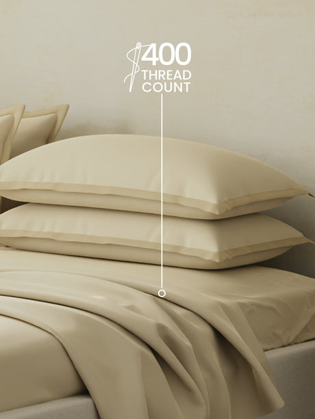 Cotton Charm 400 TC 100% Cotton Cream King Size Dyed Bedsheet with 4 Pillow Covers